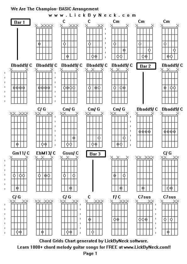 Chord Grids Chart of chord melody fingerstyle guitar song-We Are The Champion- BASIC Arrangement,generated by LickByNeck software.